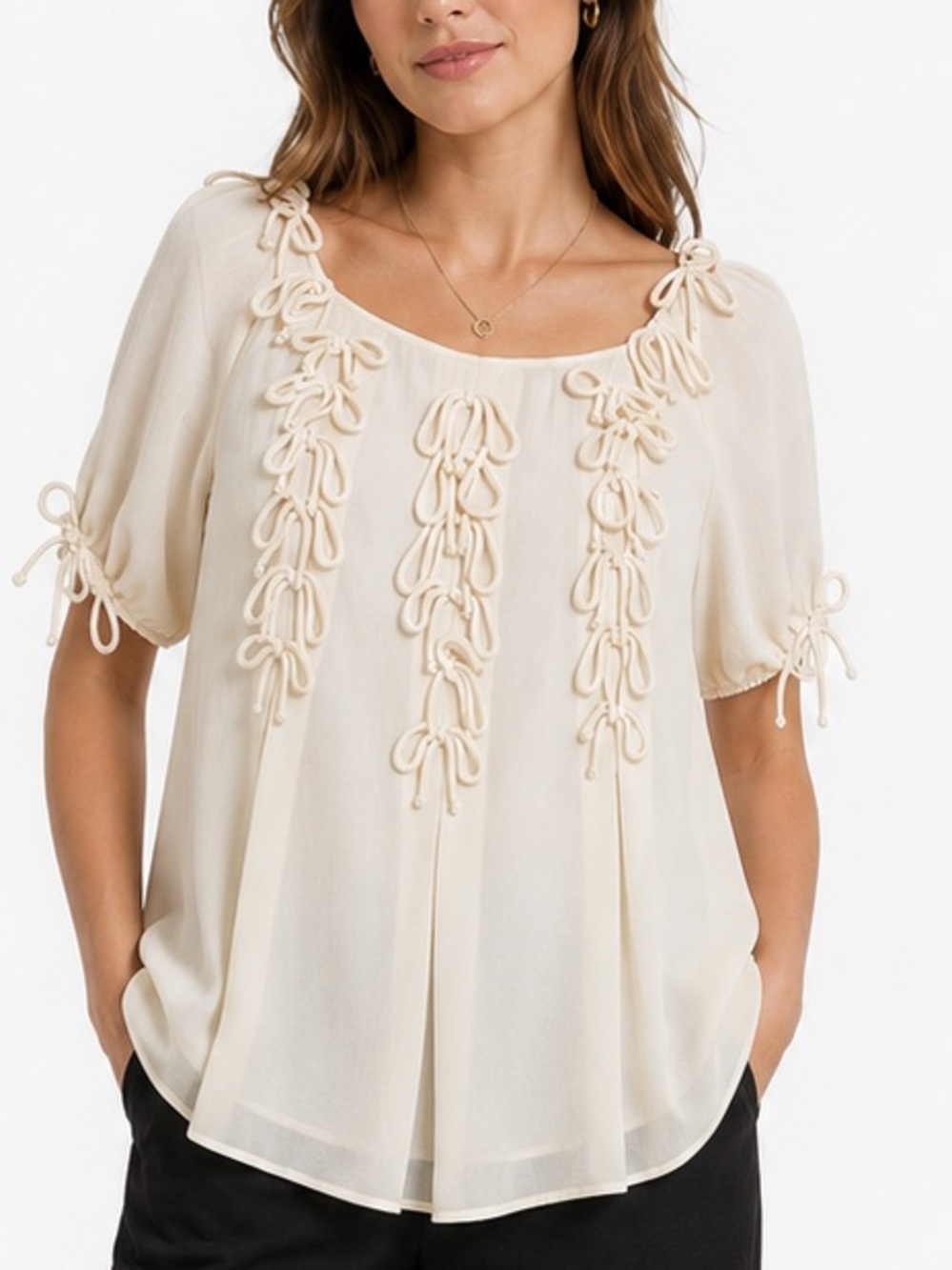 Anthropologie Leifsdottir 100% Silk Ivory Bow Accents Blouse Lined Size 12